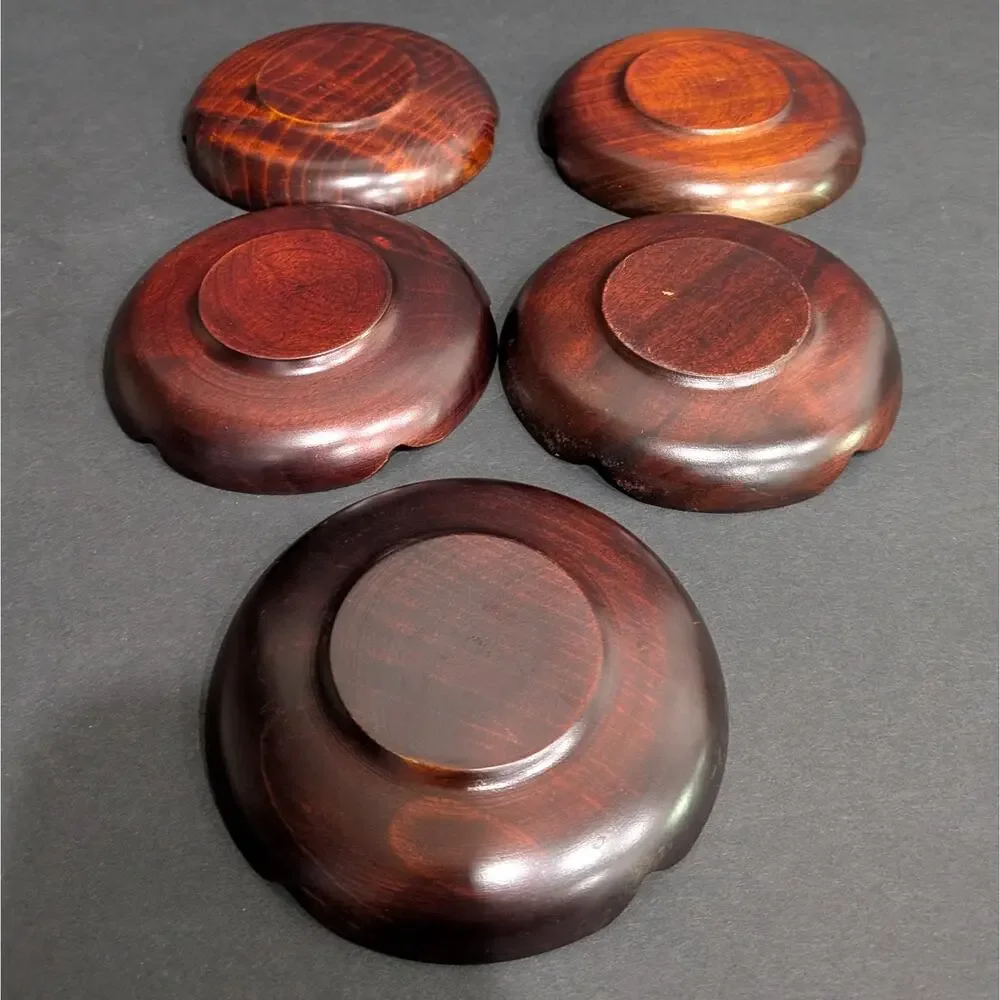 Vintage Japanese Wooden Chataku Tea Coasters Saucers Set of 5 Flower Shape 4